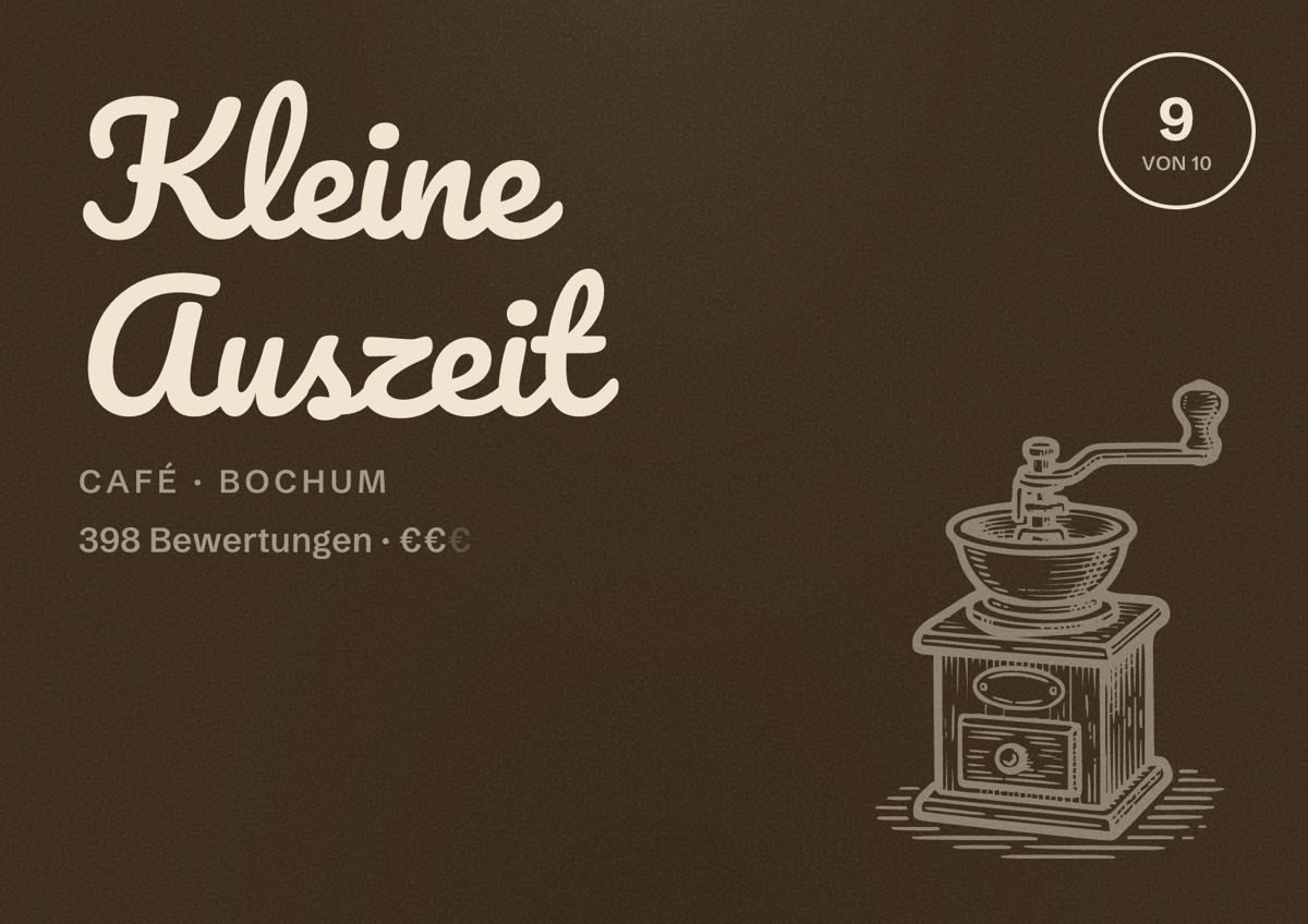 Illustriertes Poster von Kleine Auszeit, Café in Bochum: Bewertung 9 von 10 aus 398 Bewertungen, Preisniveau €€