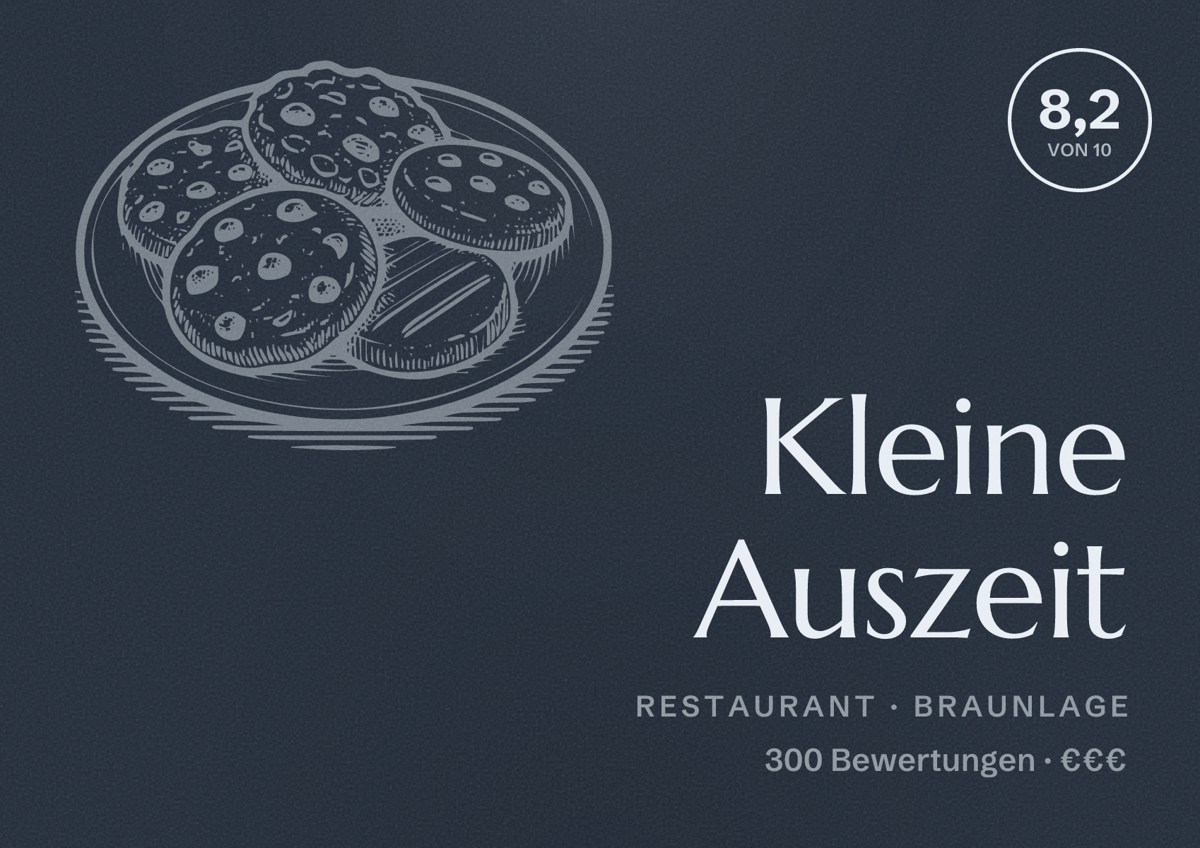 Illustriertes Poster von Kleine Auszeit, Restaurant in Braunlage: Bewertung 8,2 von 10 aus 300 Bewertungen, Preisniveau €€€
