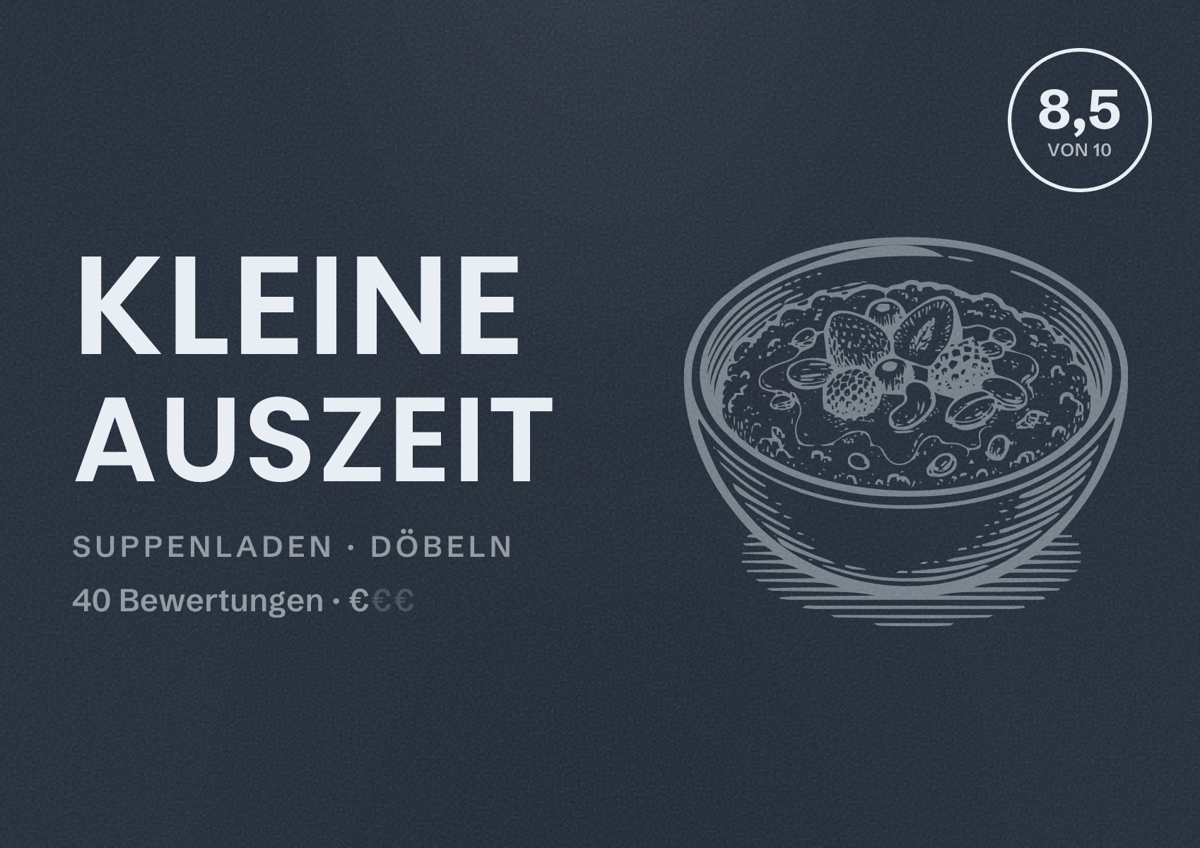 Illustriertes Poster von Kleine Auszeit, Suppenladen in Döbeln: Bewertung 8,5 von 10 aus 40 Bewertungen, Preisniveau €