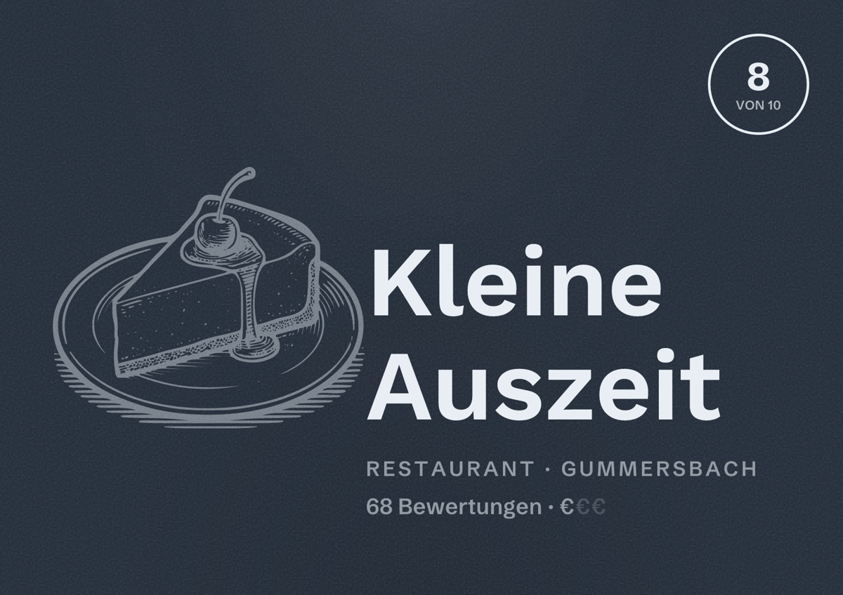 Illustriertes Poster von Kleine Auszeit, Restaurant in Gummersbach: Bewertung 8 von 10 aus 68 Bewertungen, Preisniveau €