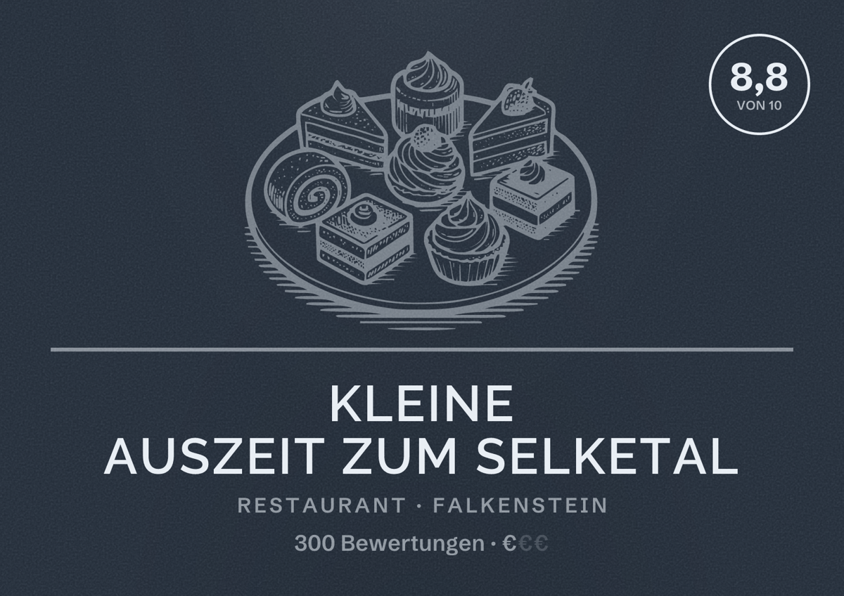 Illustriertes Poster von kleine Auszeit zum Selketal, Restaurant in Falkenstein: Bewertung 8,8 von 10 aus 300 Bewertungen, Preisniveau €