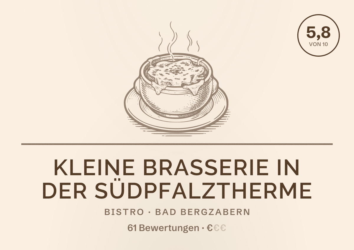 Illustriertes Poster von Kleine Brasserie in der Südpfalztherme, Bistro in Bad Bergzabern: Bewertung 5,8 von 10 aus 61 Bewertungen, Preisniveau €