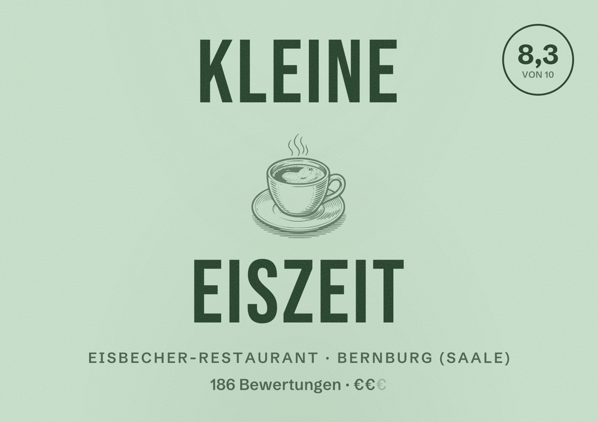 Illustriertes Poster von Kleine Eiszeit, Eisbecher-Restaurant in Bernburg (Saale): Bewertung 8,3 von 10 aus 186 Bewertungen, Preisniveau €€