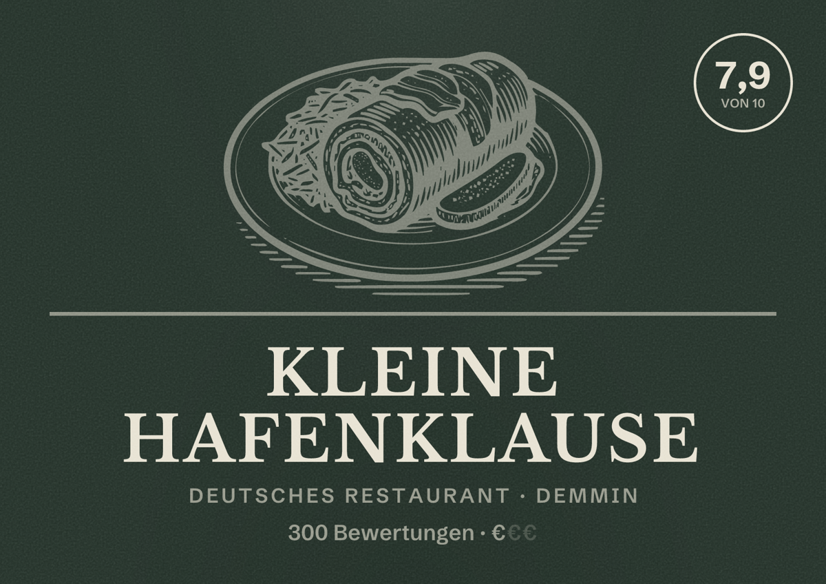 Illustriertes Poster von Kleine Hafenklause, Deutsches Restaurant in Demmin: Bewertung 7,9 von 10 aus 300 Bewertungen, Preisniveau €