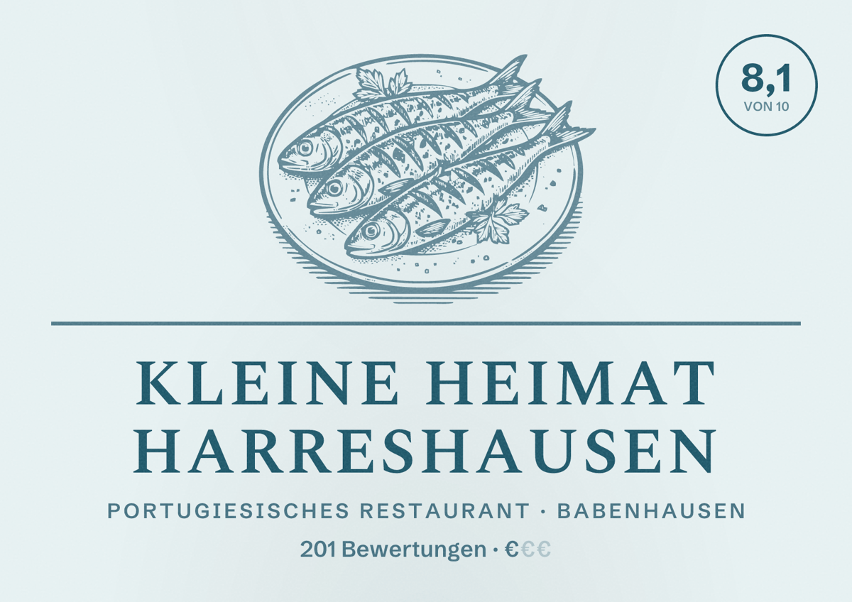 Illustriertes Poster von Kleine Heimat Harreshausen, Portugiesisches Restaurant in Babenhausen: Bewertung 8,1 von 10 aus 201 Bewertungen, Preisniveau €