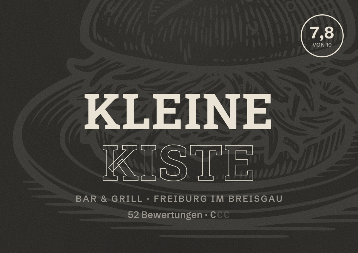 Illustriertes Poster von Kleine Kiste, Bar & Grill in Freiburg im Breisgau: Bewertung 7,8 von 10 aus 52 Bewertungen, Preisniveau €