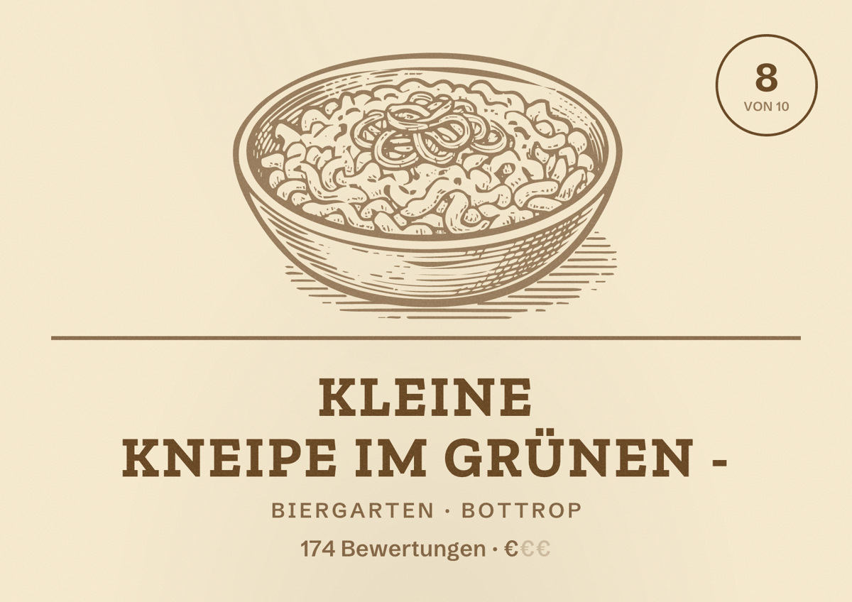 Illustriertes Poster von Kleine Kneipe im Grünen -, Biergarten in Bottrop: Bewertung 8 von 10 aus 174 Bewertungen, Preisniveau €