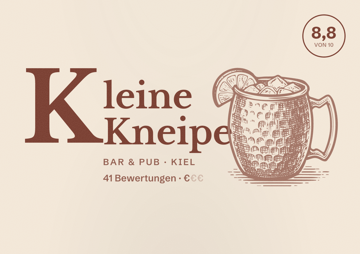 Illustriertes Poster von Kleine Kneipe, Bar & Pub in Kiel: Bewertung 8,8 von 10 aus 41 Bewertungen, Preisniveau €
