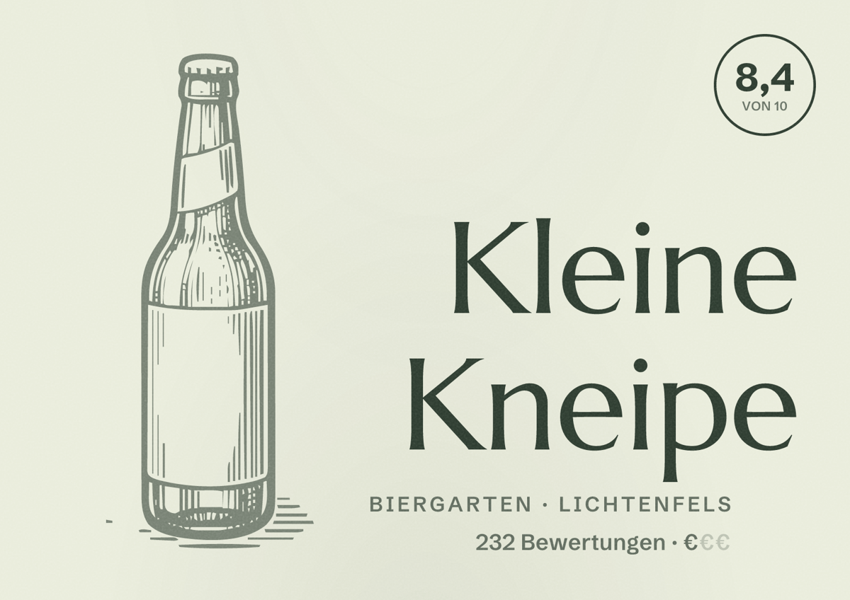 Illustriertes Poster von Kleine Kneipe, Biergarten in Lichtenfels: Bewertung 8,4 von 10 aus 232 Bewertungen, Preisniveau €