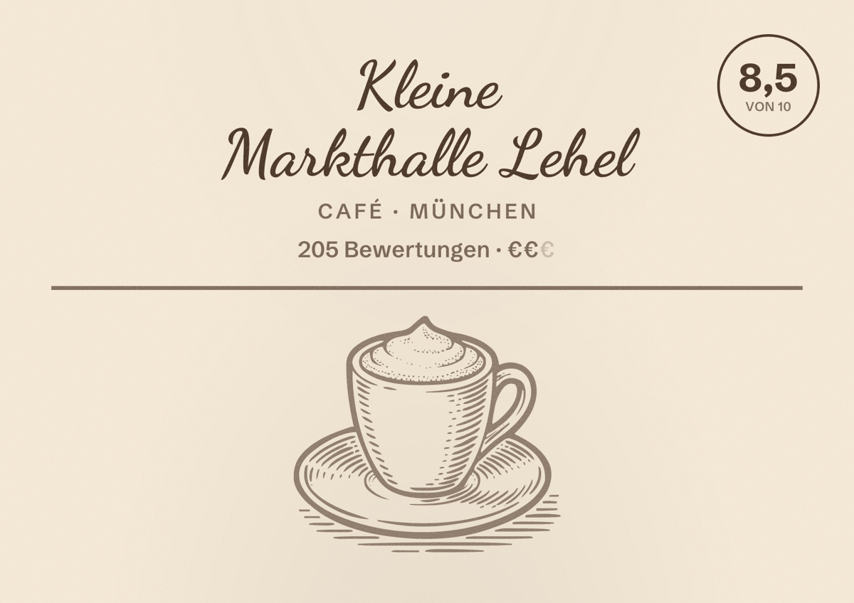 Illustriertes Poster von Kleine Markthalle Lehel, Café in München: Bewertung 8,5 von 10 aus 205 Bewertungen, Preisniveau €€