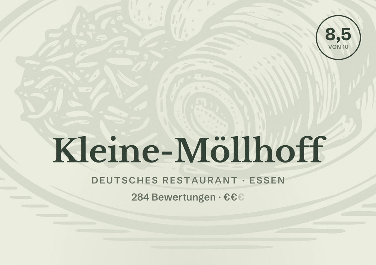 Illustriertes Poster von Kleine-Möllhoff, Deutsches Restaurant in Essen: Bewertung 8,5 von 10 aus 284 Bewertungen, Preisniveau €€