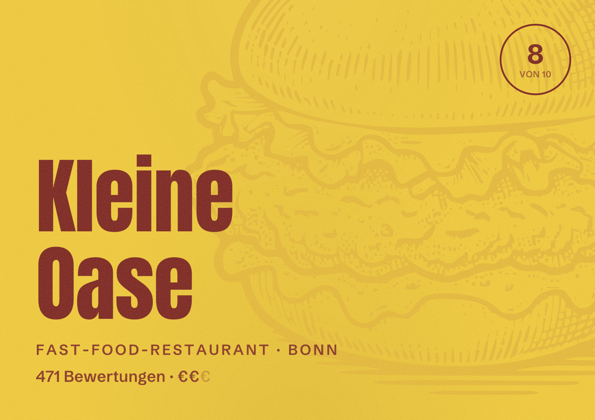 Illustriertes Poster von Kleine Oase, Fast-Food-Restaurant in Bonn: Bewertung 8 von 10 aus 471 Bewertungen, Preisniveau €€