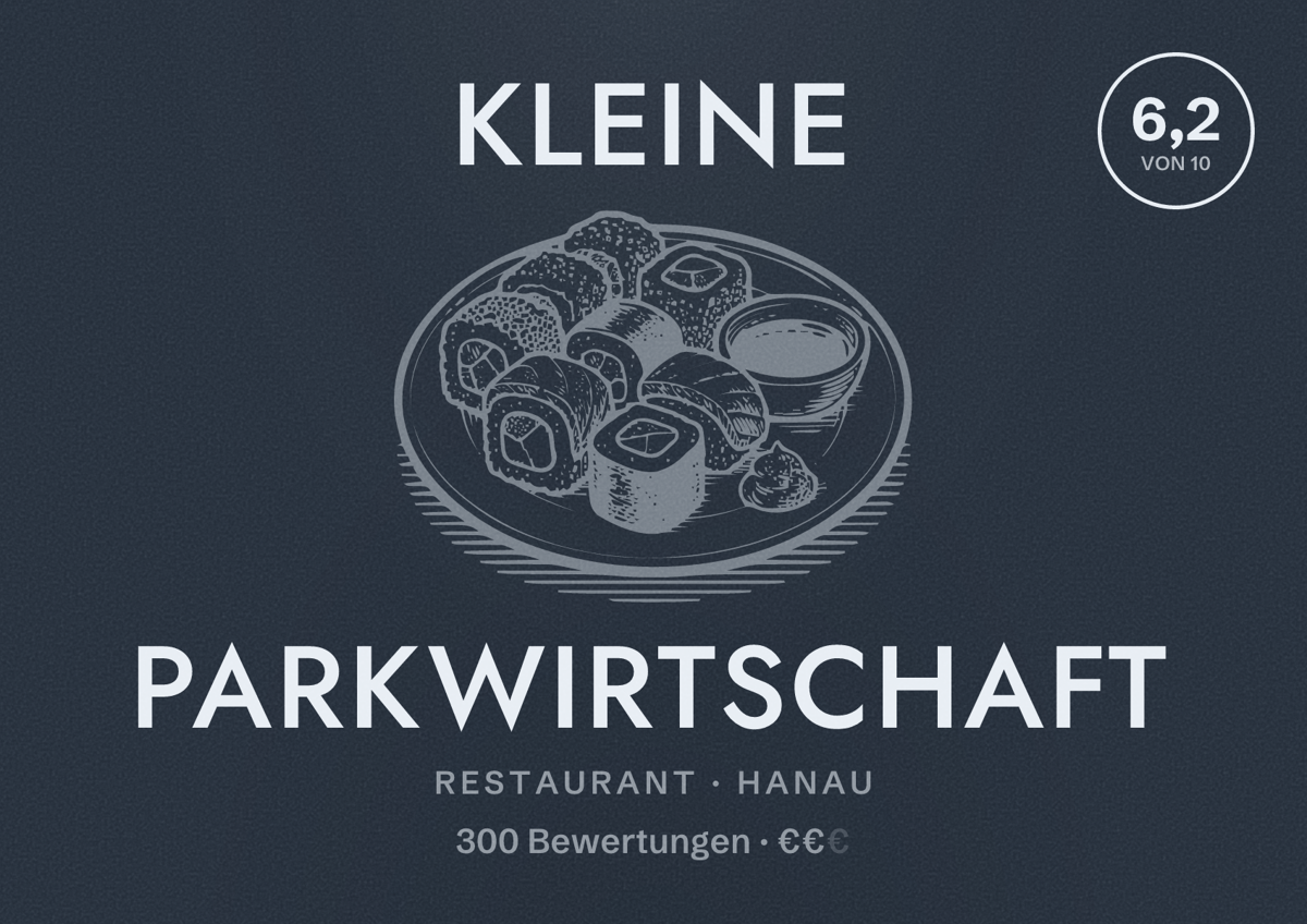 Illustriertes Poster von Kleine Parkwirtschaft, Restaurant in Hanau: Bewertung 6,2 von 10 aus 300 Bewertungen, Preisniveau €€
