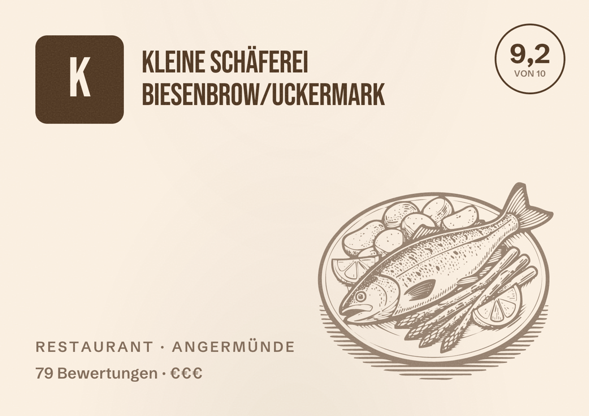 Illustriertes Poster von Kleine Schäferei Biesenbrow/Uckermark, Restaurant in Angermünde: Bewertung 9,2 von 10 aus 79 Bewertungen, Preisniveau €€€