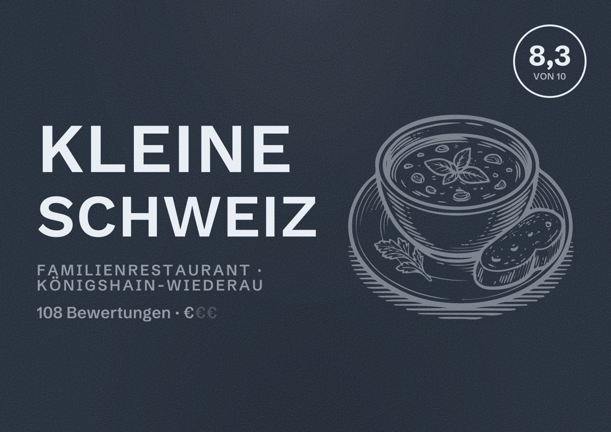 Illustriertes Poster von kleine schweiz, Familienrestaurant in Königshain-Wiederau: Bewertung 8,3 von 10 aus 108 Bewertungen, Preisniveau €