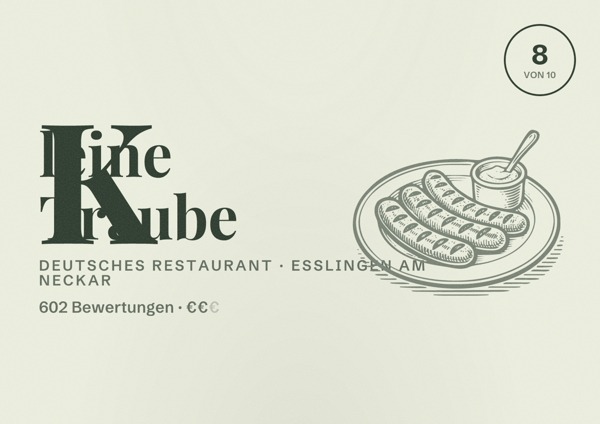 Illustriertes Poster von Kleine Traube, Deutsches Restaurant in Esslingen am Neckar: Bewertung 8,0 von 10 aus 602 Bewertungen, Preisniveau €€