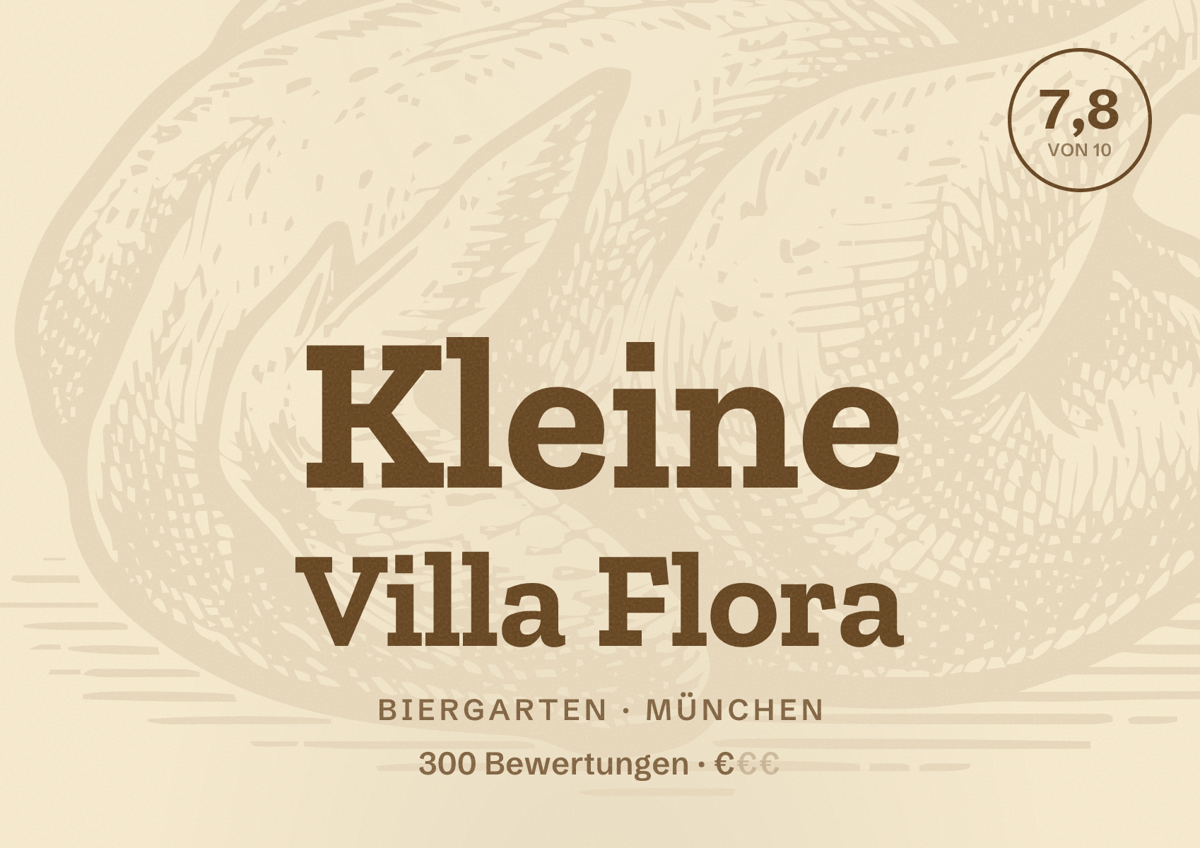 Illustriertes Poster von Kleine Villa Flora, Biergarten in München: Bewertung 7,8 von 10 aus 300 Bewertungen, Preisniveau €