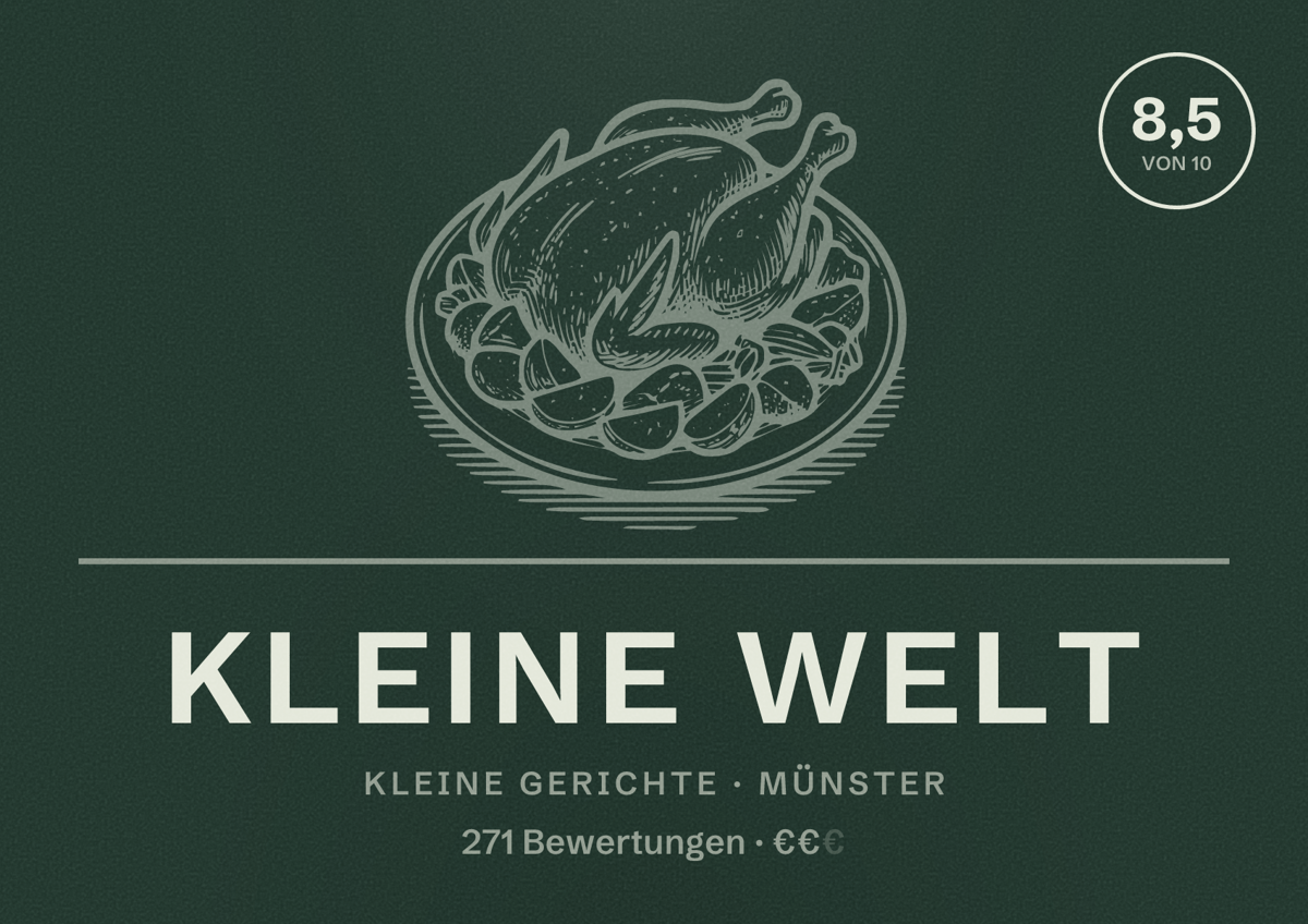Illustriertes Poster von Kleine Welt, Kleine Gerichte in Münster: Bewertung 8,5 von 10 aus 271 Bewertungen, Preisniveau €€