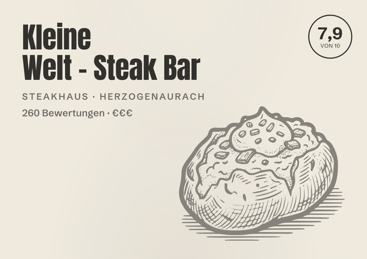 Illustriertes Poster von Kleine Welt - Steak Bar, Steakhaus in Herzogenaurach: Bewertung 7,9 von 10 aus 260 Bewertungen, Preisniveau €€€