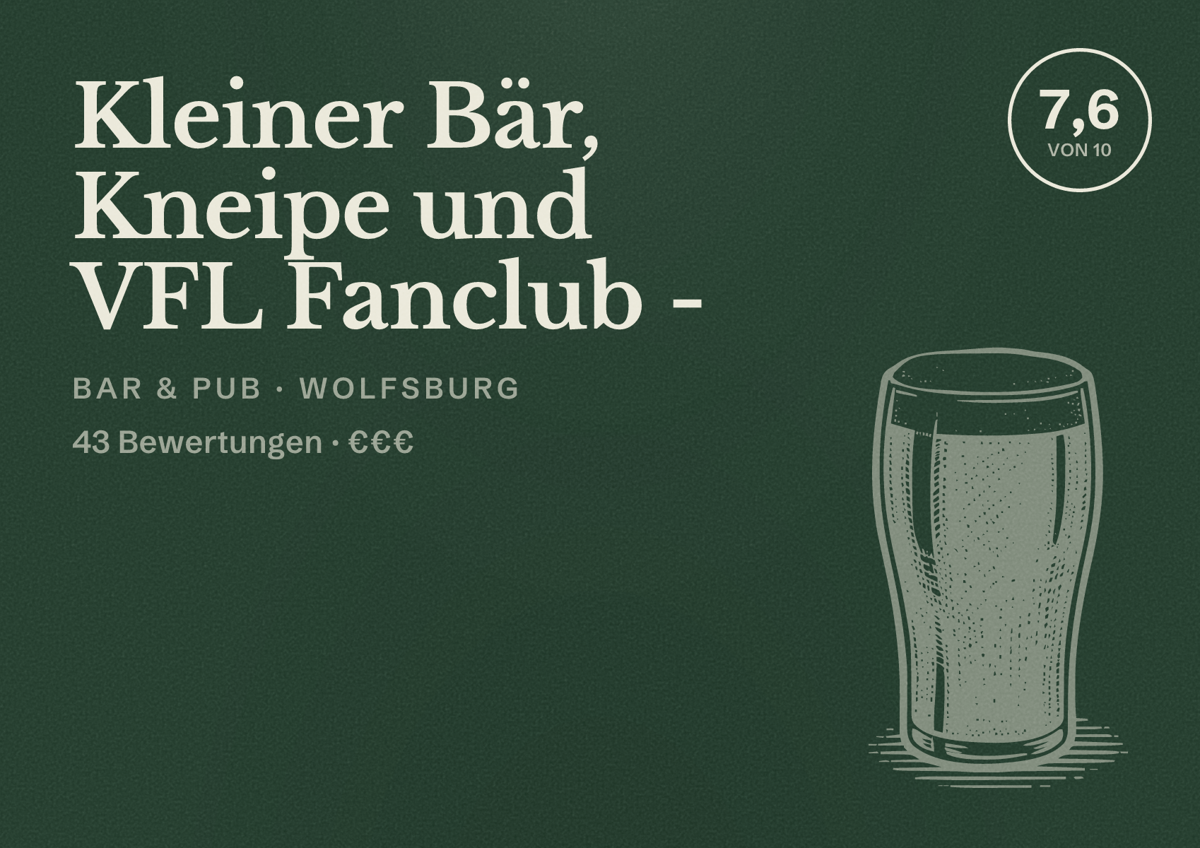 Illustriertes Poster von Kleiner Bär, Kneipe und VFL Fanclub -, Bar & Pub in Wolfsburg: Bewertung 7,6 von 10 aus 43 Bewertungen, Preisniveau €€€