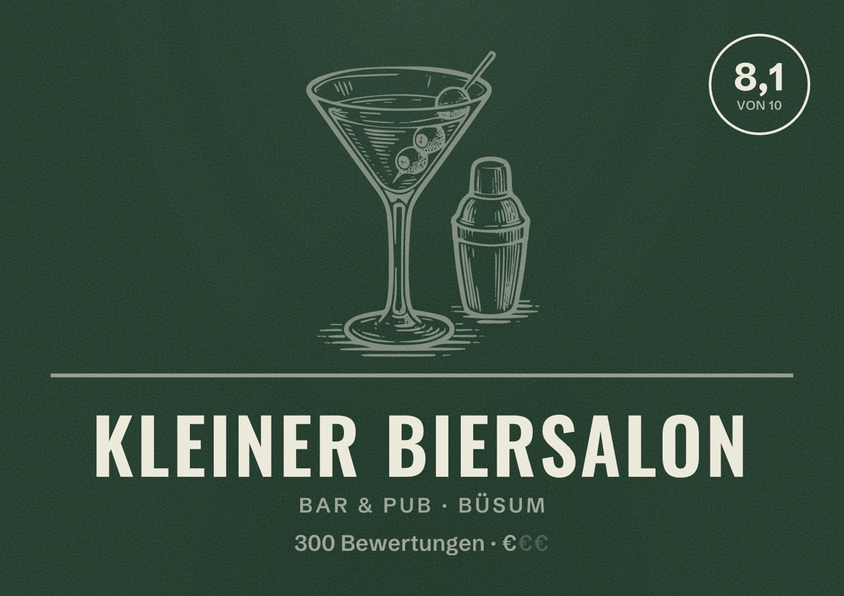 Illustriertes Poster von Kleiner Biersalon, Bar & Pub in Büsum: Bewertung 8,1 von 10 aus 300 Bewertungen, Preisniveau €