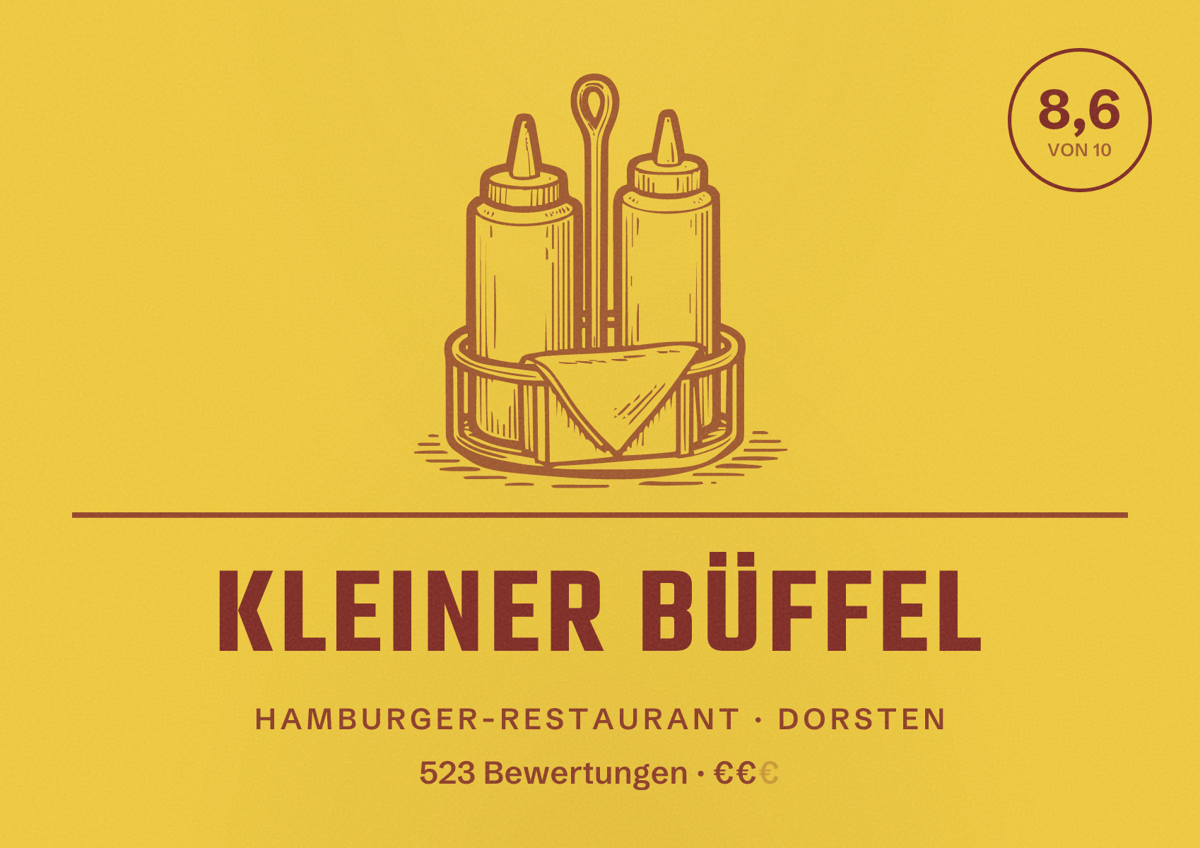 Illustriertes Poster von Kleiner Büffel, Hamburger-Restaurant in Dorsten: Bewertung 8,6 von 10 aus 523 Bewertungen, Preisniveau €€