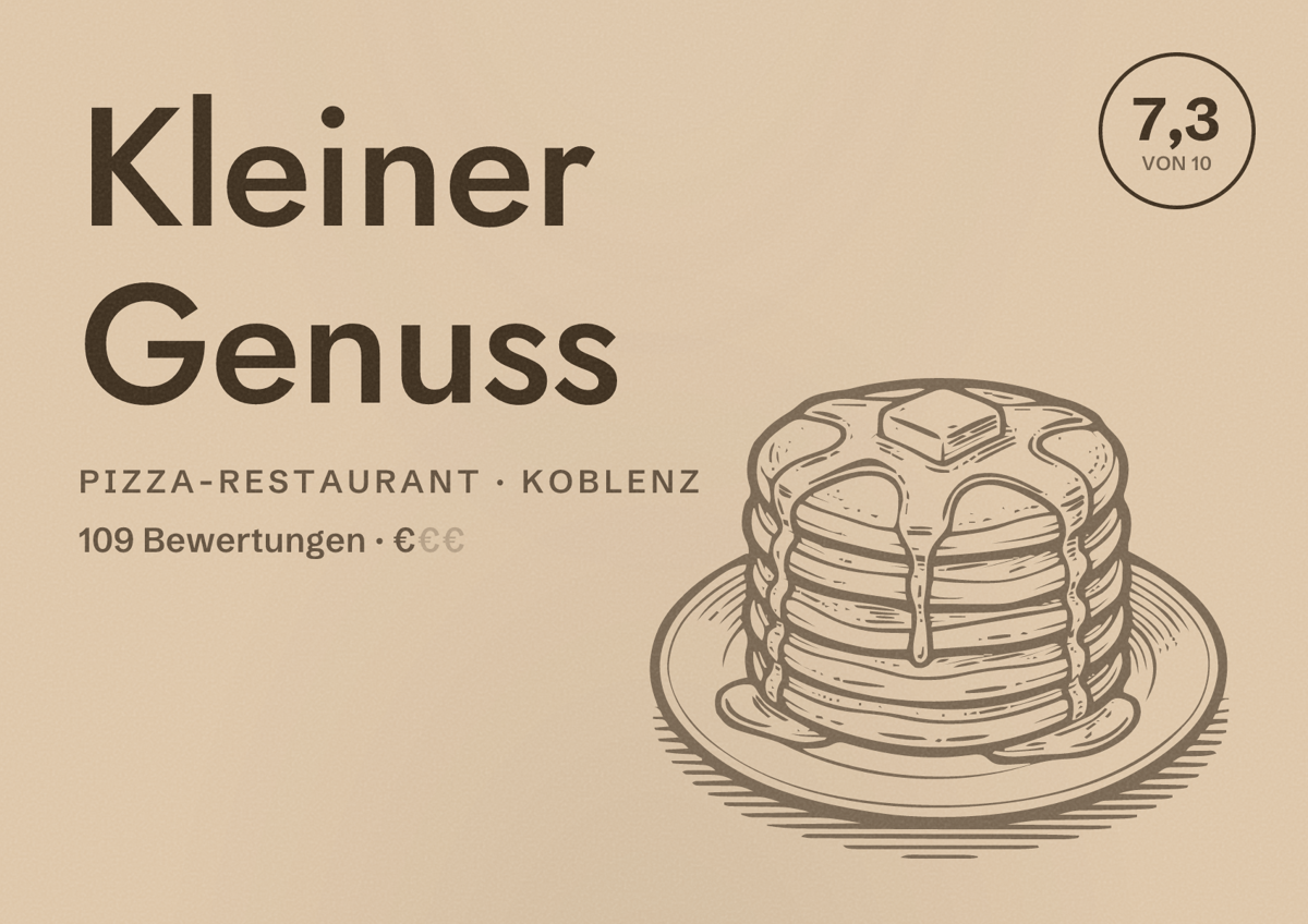 Illustriertes Poster von Kleiner Genuss, Pizza-Restaurant in Koblenz: Bewertung 7,3 von 10 aus 109 Bewertungen, Preisniveau €