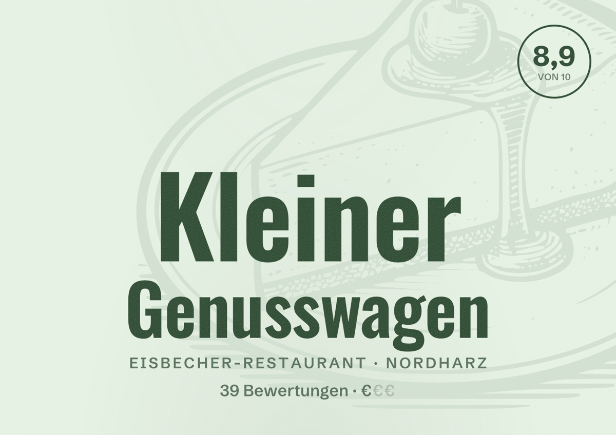 Illustriertes Poster von Kleiner Genusswagen, Eisbecher-Restaurant in Nordharz: Bewertung 8,9 von 10 aus 39 Bewertungen, Preisniveau €