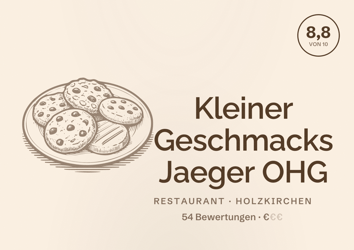 Illustriertes Poster von Kleiner Geschmacks Jaeger OHG, Restaurant in Holzkirchen: Bewertung 8,8 von 10 aus 54 Bewertungen, Preisniveau €