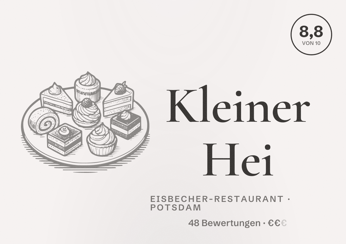 Illustriertes Poster von Kleiner Hei, Eisbecher-Restaurant in Potsdam: Bewertung 8,8 von 10 aus 48 Bewertungen, Preisniveau €€