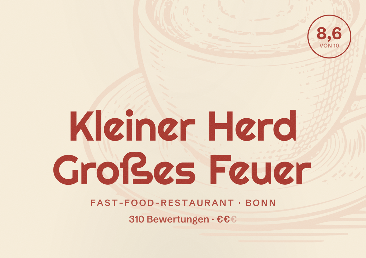 Illustriertes Poster von Kleiner Herd Großes Feuer, Fast-Food-Restaurant in Bonn: Bewertung 8,6 von 10 aus 310 Bewertungen, Preisniveau €€
