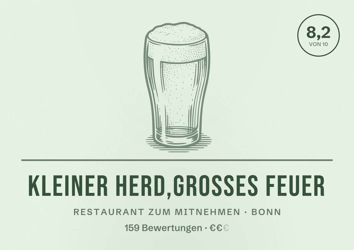 Illustriertes Poster von Kleiner Herd,Großes Feuer, Restaurant zum Mitnehmen in Bonn: Bewertung 8,2 von 10 aus 159 Bewertungen, Preisniveau €€