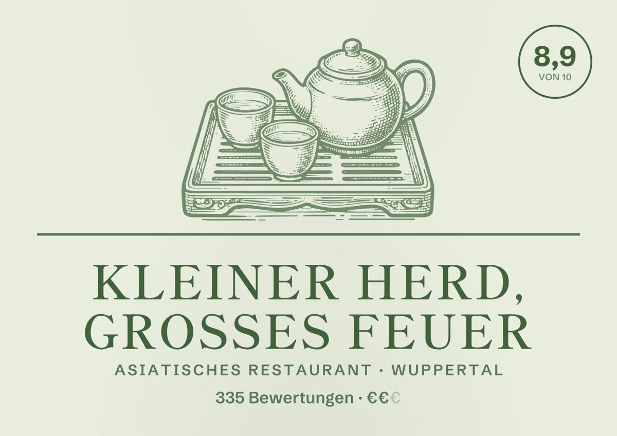 Illustriertes Poster von Kleiner Herd, Großes Feuer, Asiatisches Restaurant in Wuppertal: Bewertung 8,9 von 10 aus 335 Bewertungen, Preisniveau €€
