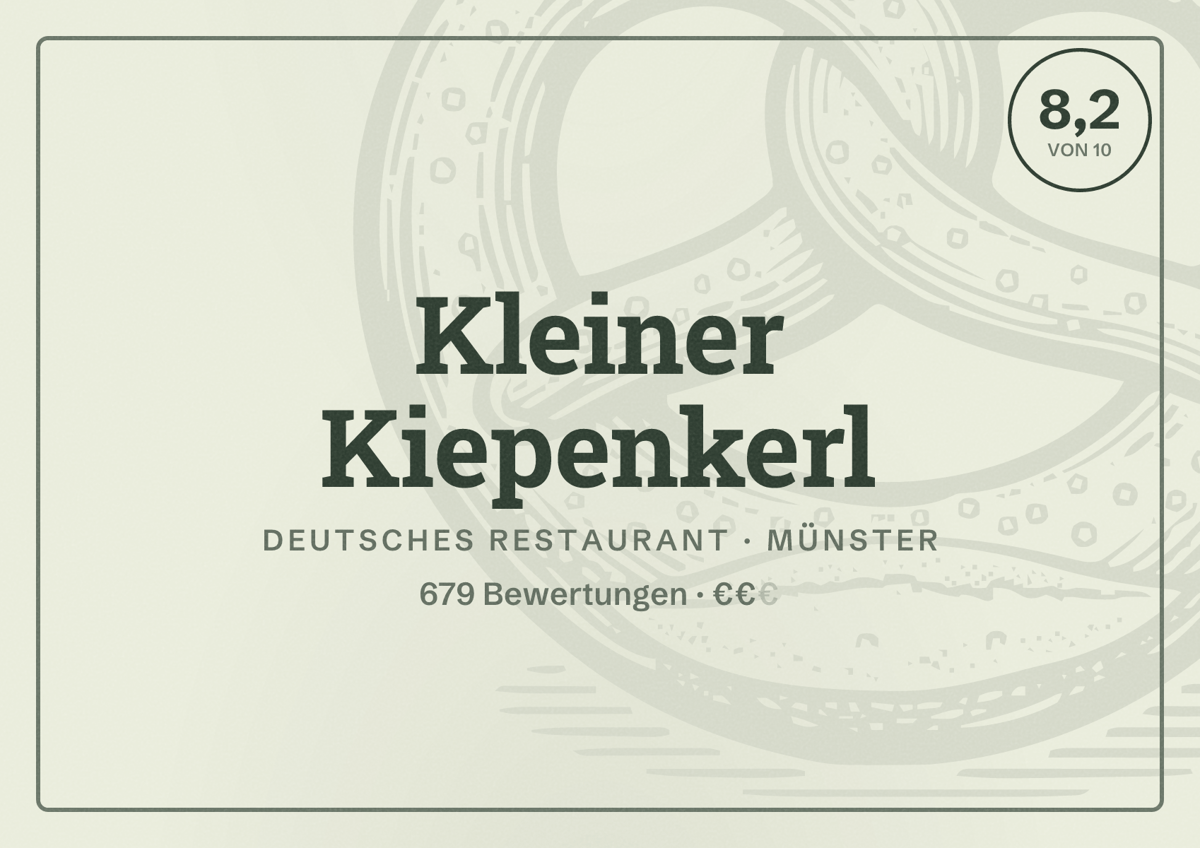 Illustriertes Poster von Kleiner Kiepenkerl, Deutsches Restaurant in Münster: Bewertung 8,2 von 10 aus 679 Bewertungen, Preisniveau €€
