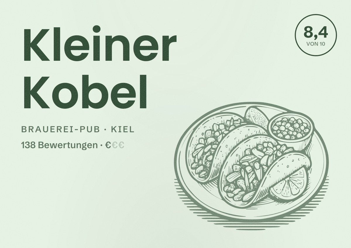 Illustriertes Poster von Kleiner Kobel, Brauerei-Pub in Kiel: Bewertung 8,4 von 10 aus 138 Bewertungen, Preisniveau €