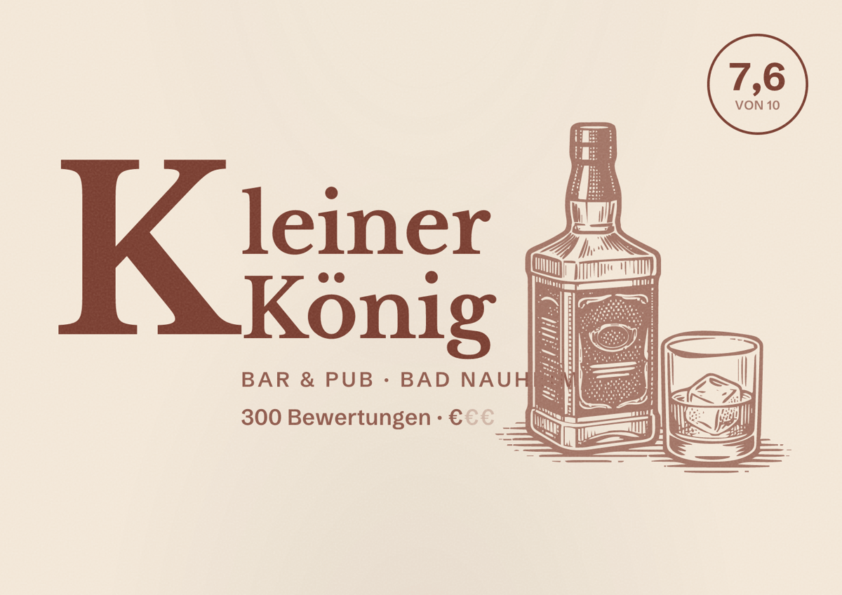 Illustriertes Poster von Kleiner König, Bar & Pub in Bad Nauheim: Bewertung 7,6 von 10 aus 300 Bewertungen, Preisniveau €