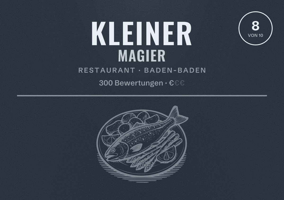 Illustriertes Poster von Kleiner Magier, Restaurant in Baden-Baden: Bewertung 8 von 10 aus 300 Bewertungen, Preisniveau €