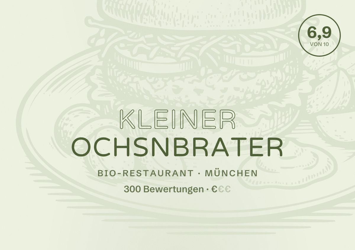 Illustriertes Poster von Kleiner Ochsnbrater, Bio-Restaurant in München: Bewertung 6,9 von 10 aus 300 Bewertungen, Preisniveau €