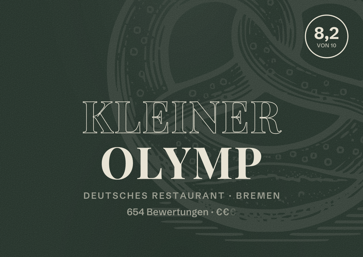 Illustriertes Poster von Kleiner Olymp, Deutsches Restaurant in Bremen: Bewertung 8,2 von 10 aus 654 Bewertungen, Preisniveau €€