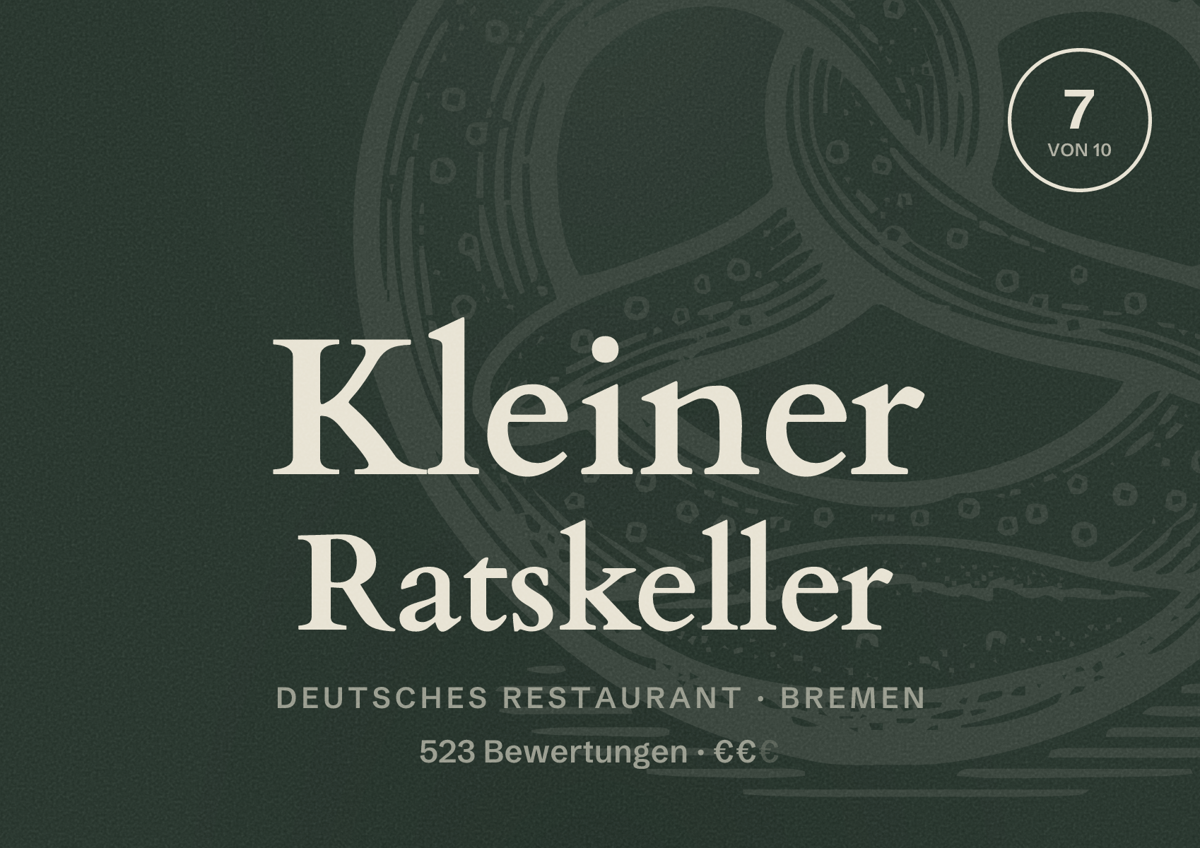 Illustriertes Poster von Kleiner Ratskeller, Deutsches Restaurant in Bremen: Bewertung 7 von 10 aus 523 Bewertungen, Preisniveau €€