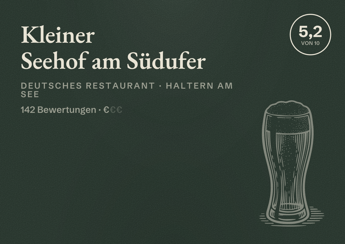 Illustriertes Poster von Kleiner Seehof am Südufer, Deutsches Restaurant in Haltern am See: Bewertung 5,2 von 10 aus 142 Bewertungen, Preisniveau €