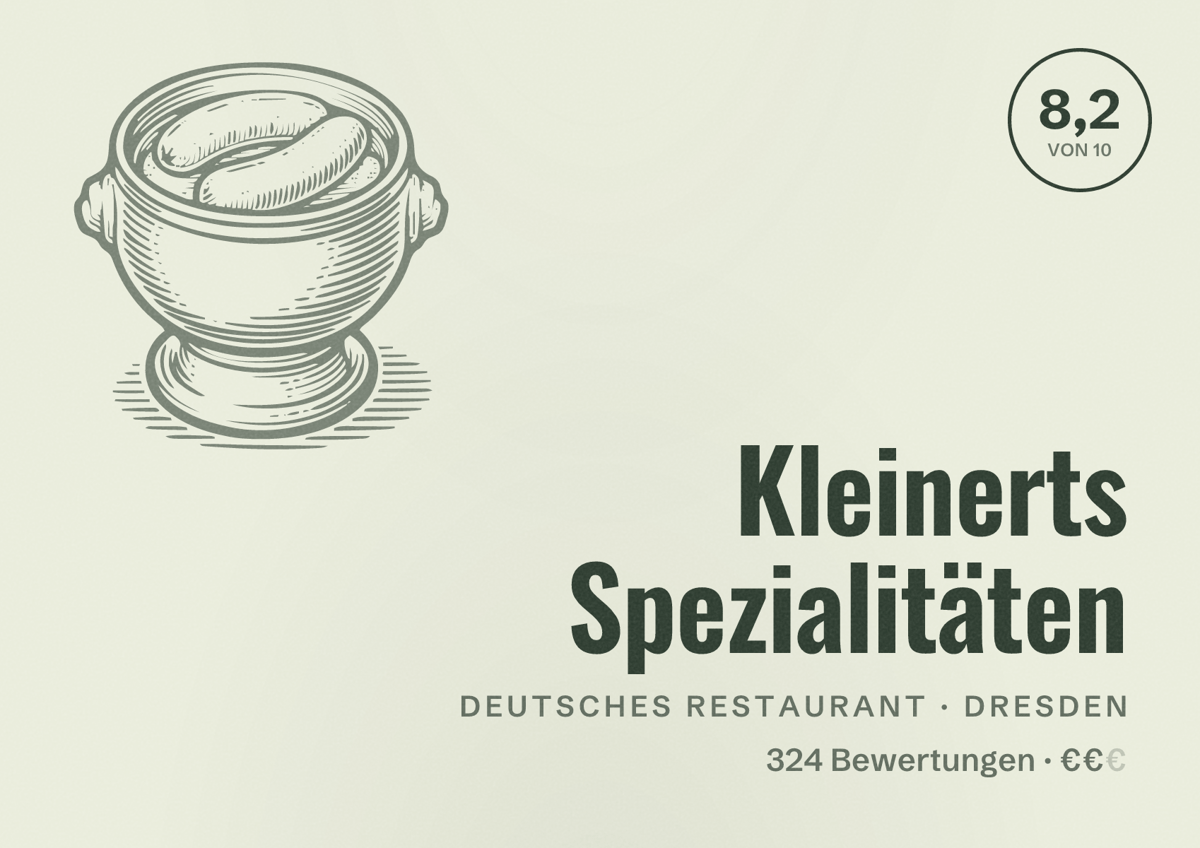 Illustriertes Poster von Kleinerts Spezialitäten, Deutsches Restaurant in Dresden: Bewertung 8,2 von 10 aus 324 Bewertungen, Preisniveau €€
