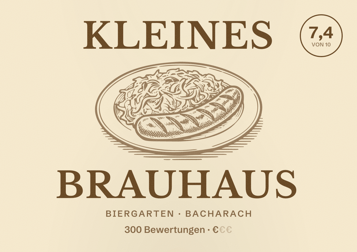 Illustriertes Poster von Kleines Brauhaus, Biergarten in Bacharach: Bewertung 7,4 von 10 aus 300 Bewertungen, Preisniveau €