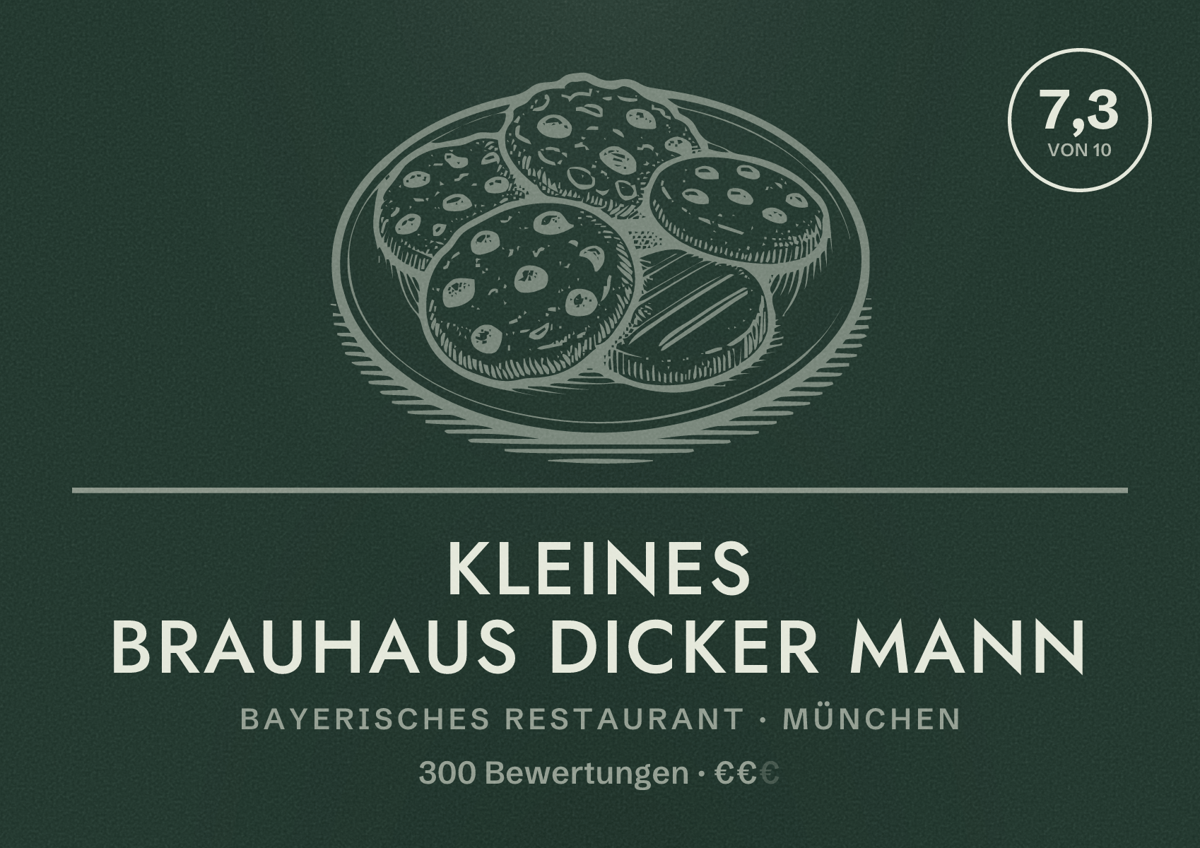 Illustriertes Poster von Kleines Brauhaus Dicker Mann, Bayerisches Restaurant in München: Bewertung 7,3 von 10 aus 300 Bewertungen, Preisniveau €€