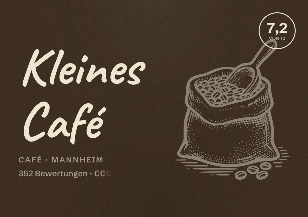 Illustriertes Poster von Kleines Café, Café in Mannheim: Bewertung 7,2 von 10 aus 352 Bewertungen, Preisniveau €€