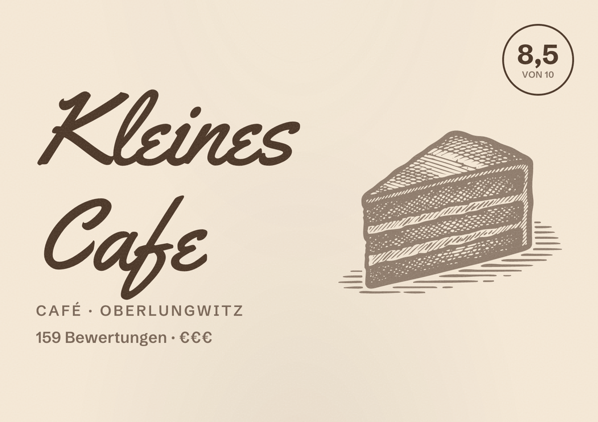 Illustriertes Poster von Kleines Cafe, Café in Oberlungwitz: Bewertung 8,5 von 10 aus 159 Bewertungen, Preisniveau €€€