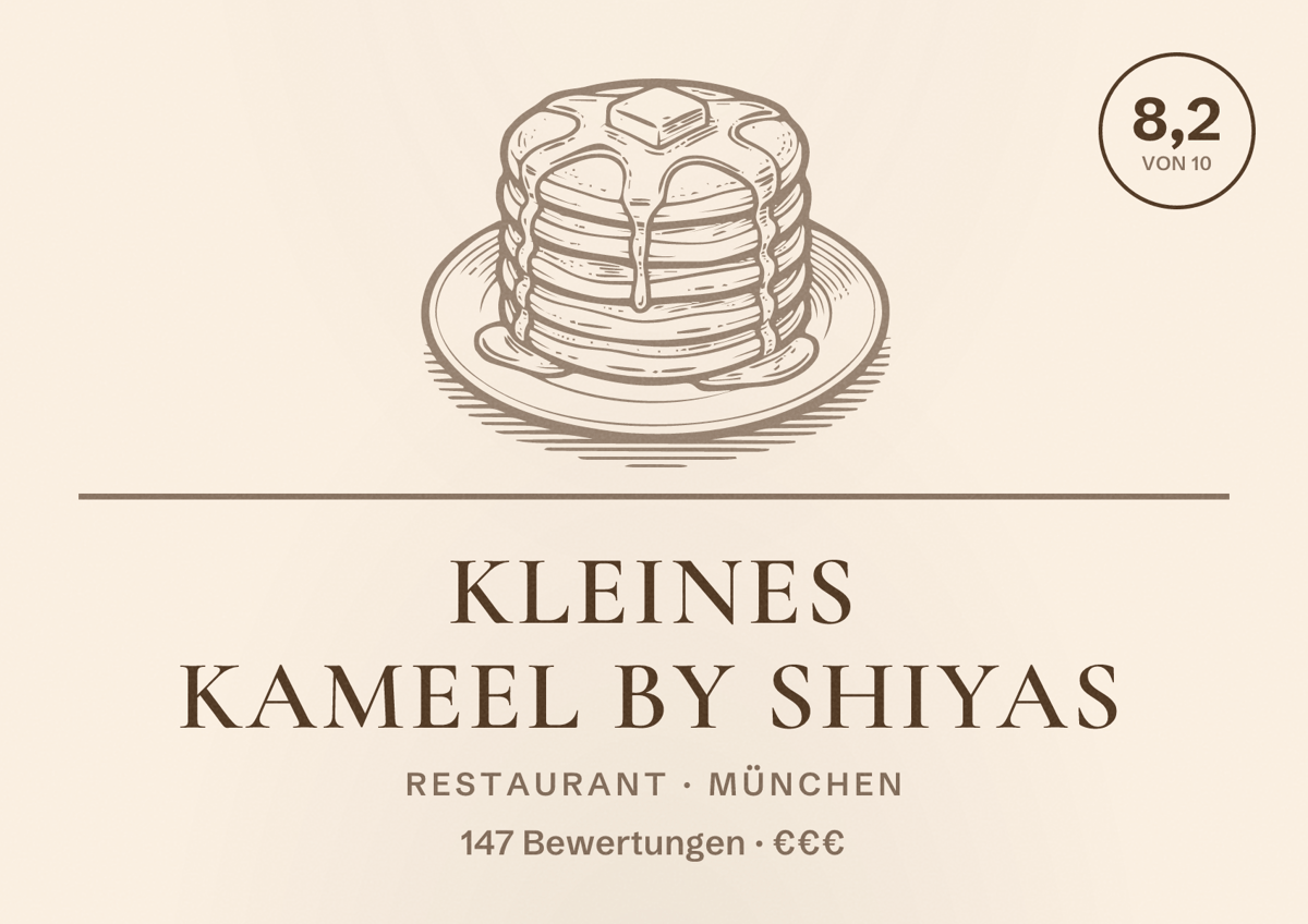 Illustriertes Poster von Kleines Kameel by Shiyas, Restaurant in München: Bewertung 8,2 von 10 aus 147 Bewertungen, Preisniveau €€€