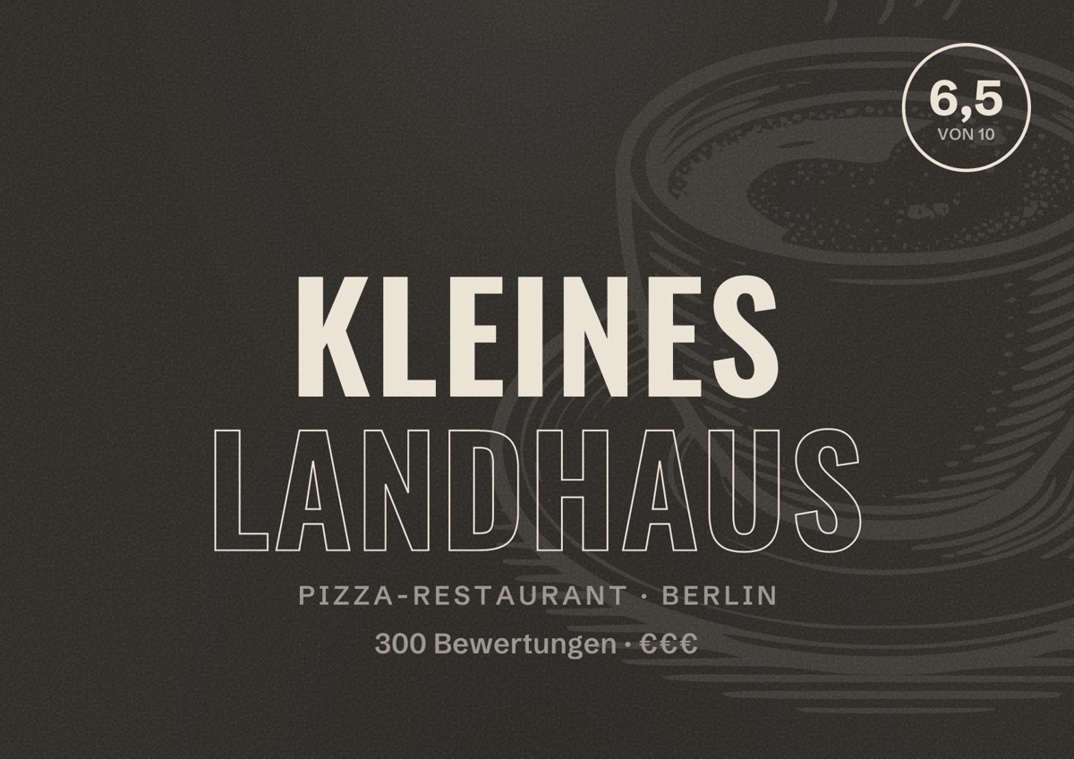Illustriertes Poster von Kleines Landhaus, Pizza-Restaurant in Berlin: Bewertung 6,5 von 10 aus 300 Bewertungen, Preisniveau €€€