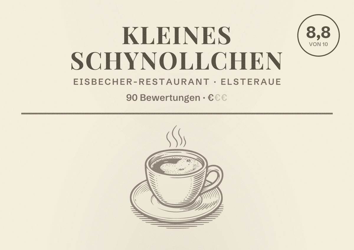 Illustriertes Poster von Kleines Schynollchen, Eisbecher-Restaurant in Elsteraue: Bewertung 8,8 von 10 aus 90 Bewertungen, Preisniveau €
