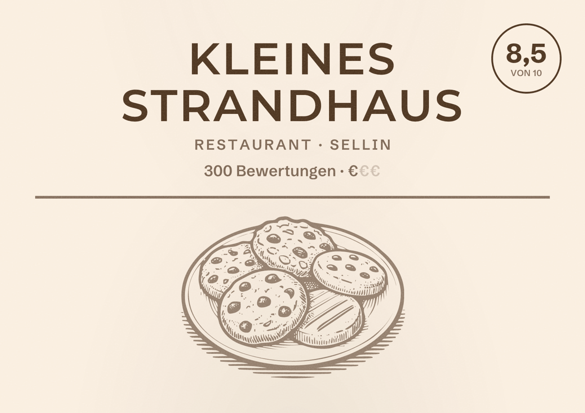 Illustriertes Poster von Kleines Strandhaus, Restaurant in Sellin: Bewertung 8,5 von 10 aus 300 Bewertungen, Preisniveau €
